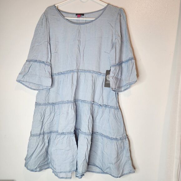 Vince Camuto Denim Dress Puff Sleeve Midi Dress Size M - Picture 1 of 4